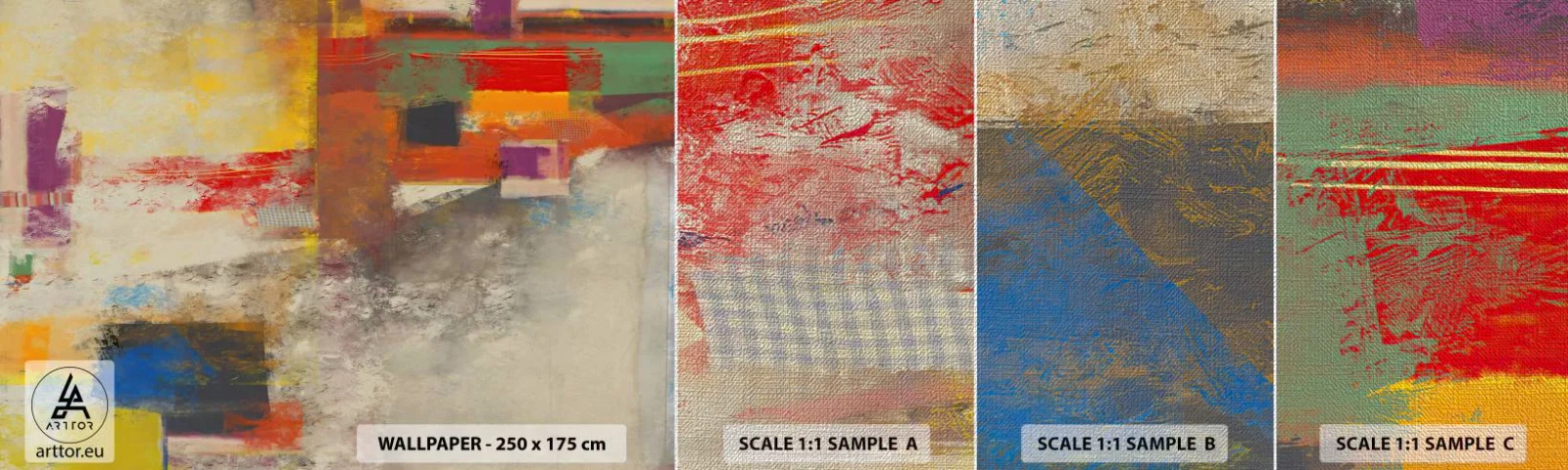 Échantillon de Papier Peint Premium Canvas - Géométrie des couleurs - Abstraction, Morceau, Peinture - 100x30 cm