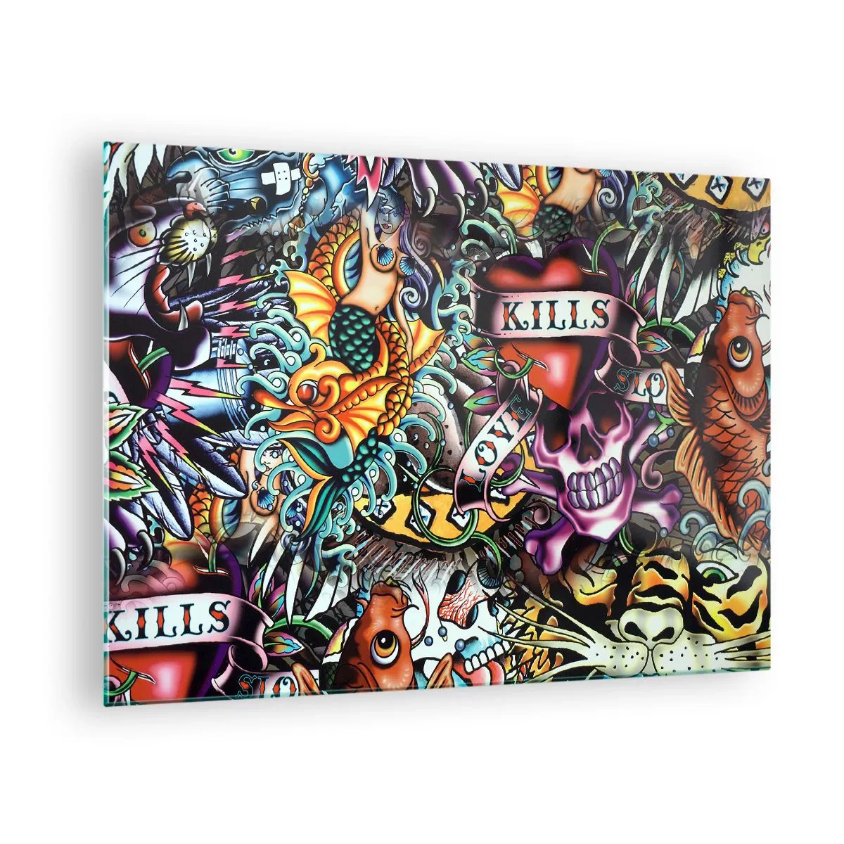 Impression sur verre - Image sur verre - Une composition colorée de motifs inspirés de l'art du tatouage - 70x50cm - Le rêve du tatoueur - Décoration murale moderne pour le salon et la chambre ARTTOR