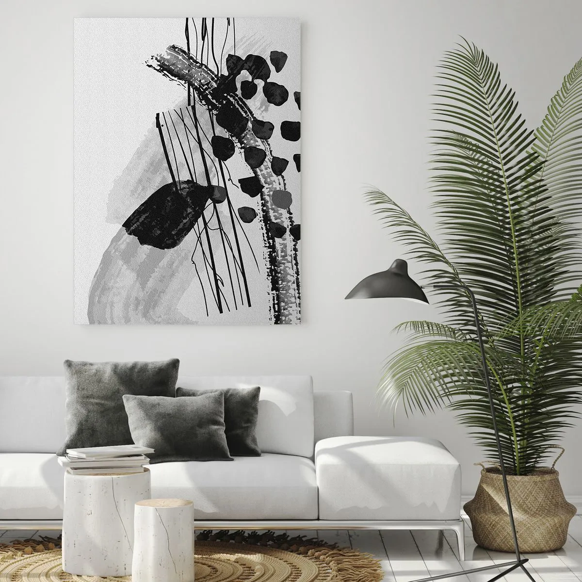 Impression sur verre - Image sur verre - Abstraction en noir et blanc avec des formes et des lignes organiques - 50x70cm - Abstraction organique noir et blanc - Décoration murale moderne pour le salon et la chambre ARTTOR