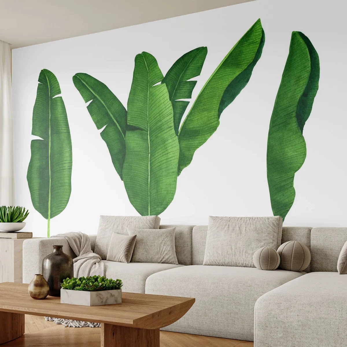 Papier Peint Photo Premium Sand - Feuilles de bananier tropicales sur fond blanc - 100x70cm - Symétrie verte - Décoration murale moderne pour le salon et la chambre ARTTOR