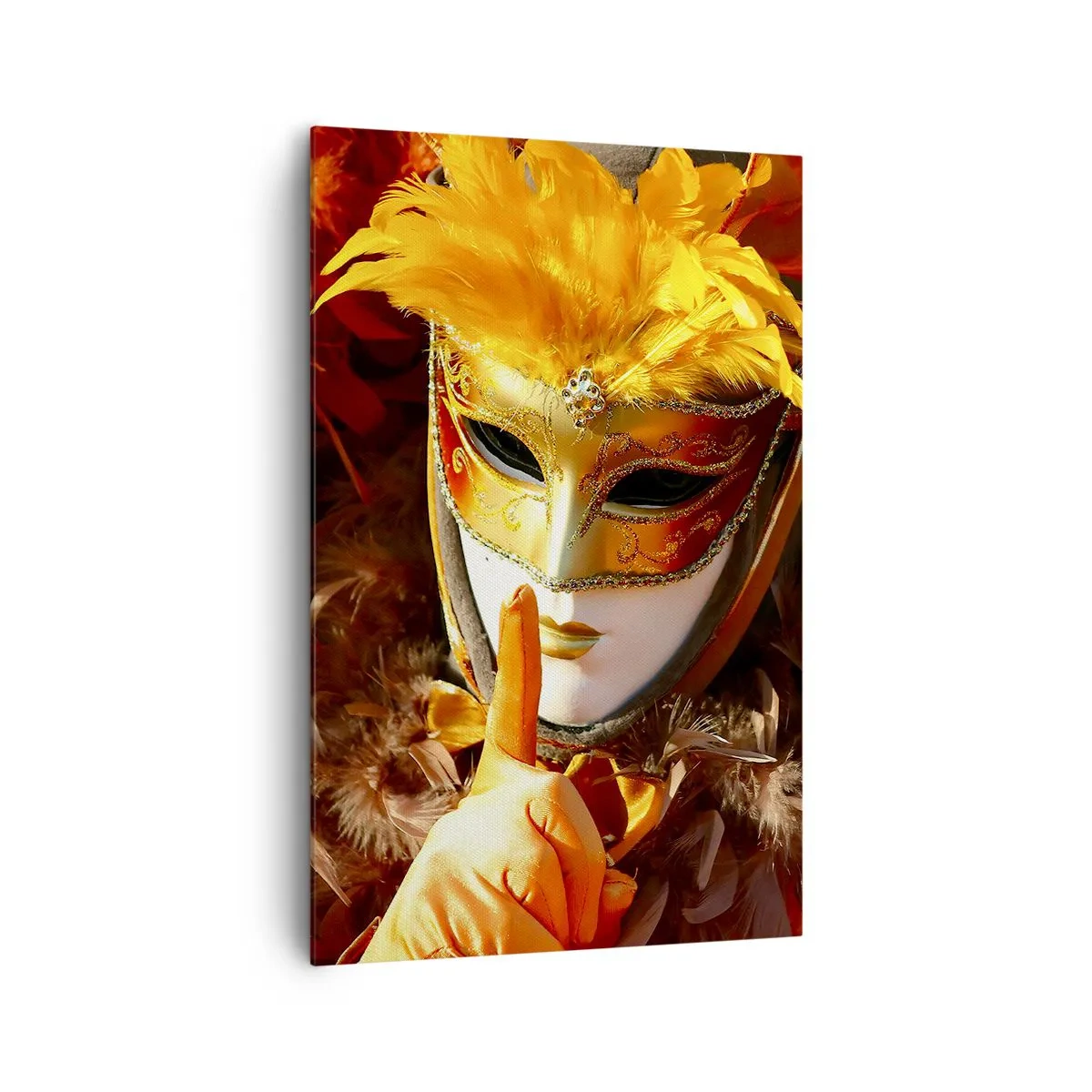 Impression sur toile - Image sur toile - Masque de carnaval aux tons or et orange - 80x120cm - Le secret est une partie du jeu - Décoration murale moderne pour le salon et la chambre ARTTOR