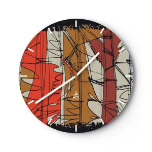 Horloge murale - Pendule murale - Lignes et taches abstraites dans une palette de couleurs chaudes - 30x30cm - Composition spontanée - Décoration murale moderne pour le salon, la cuisine et la chambre ARTTOR