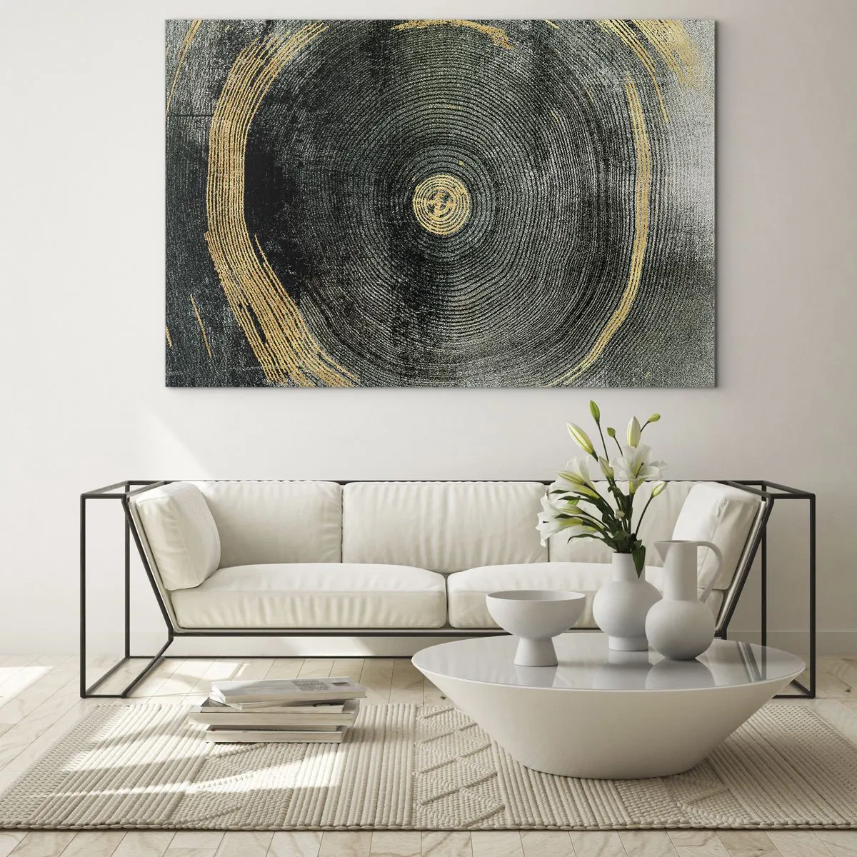 Impression sur verre - Image sur verre - Coupe transversale d'un tronc d'arbre avec détails et accents dorés - 100x70cm - Changement et persistance - Décoration murale moderne pour le salon et la chambre ARTTOR