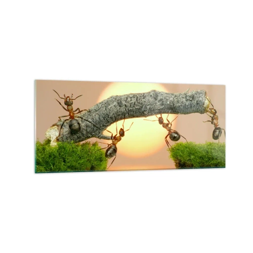 Impression sur verre - Image sur verre - Des fourmis construisent un pont de branches sur fond de soleil couchant. - 120x50cm - La joie, travaille d'équipe - Décoration murale moderne pour le salon et la chambre ARTTOR