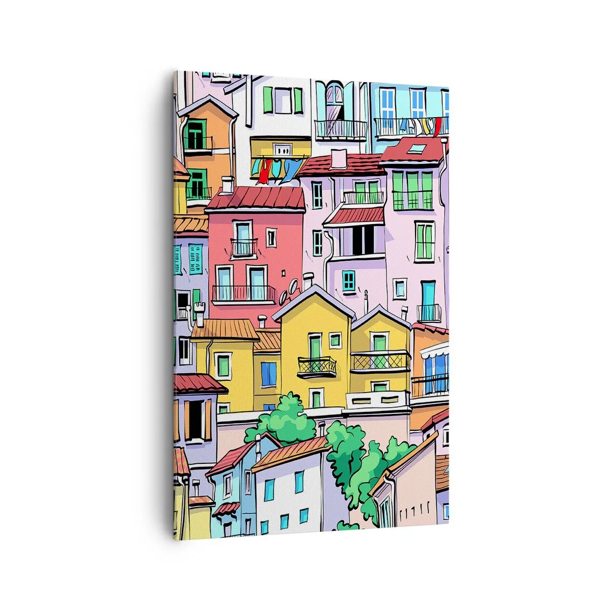 Impression sur toile - Image sur toile - Des immeubles colorés au style vivant et joyeux - 80x120cm - Ville joyeuse - Décoration murale moderne pour le salon et la chambre ARTTOR