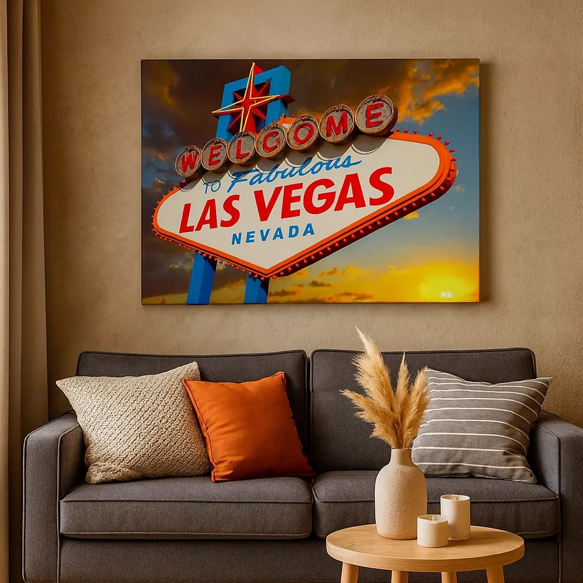 Impression sur toile - Image sur toile - Le célèbre panneau Welcome to Fabulous Las Vegas au coucher du soleil - 70x50cm - Après un sourire du destin - Décoration murale moderne pour le salon et la chambre ARTTOR