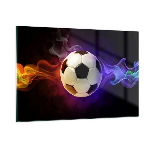 Impression sur verre - Image sur verre - Un ballon de football entouré de stries colorées - 120x80cm - Le pouvoir magique du jeu - Décoration murale moderne pour le salon et la chambre ARTTOR
