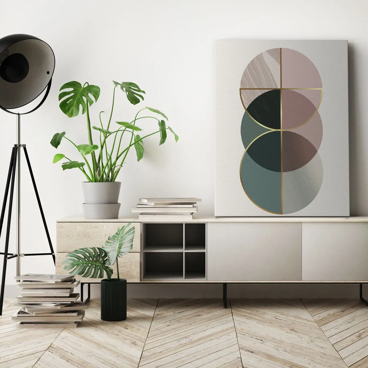 Impression sur toile - Image sur toile - Une composition abstraite de formes géométriques et de lignes dorées. - 80x120cm - Cercles après cercles - Décoration murale moderne pour le salon et la chambre ARTTOR