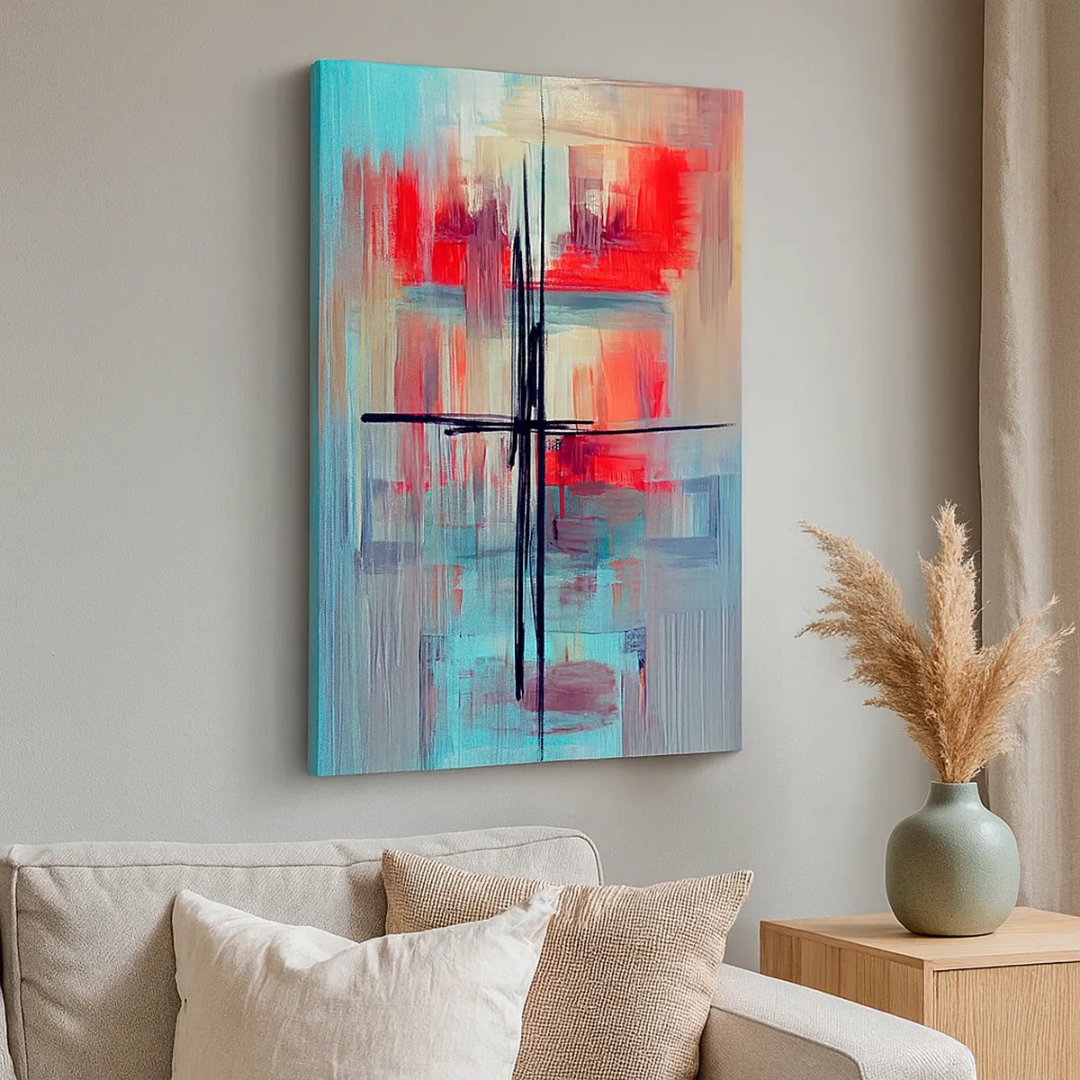 Impression sur toile - Image sur toile - Une composition abstraite aux couleurs intenses, aux lignes et aux formes géométriques. - 50x70cm - Un paysage dans une dimension inconnue - Décoration murale moderne pour le salon et la chambre ARTTOR