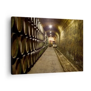 Impression sur toile - Image sur toile - Une cave avec des tonneaux de vin en bois disposés en rangées - 70x50cm - Qu'il est bon de s'allonger - Décoration murale moderne pour le salon et la chambre ARTTOR