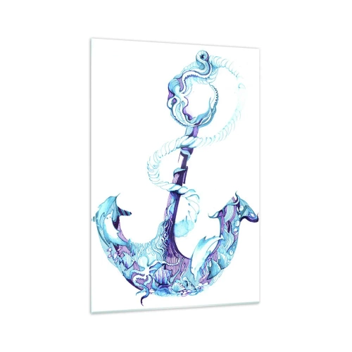 Impression sur verre - Image sur verre - Ancre abstraite dans des tons de bleu avec des détails nautiques - 70x100cm - Le confident des secrets de la mer - Décoration murale moderne pour le salon et la chambre ARTTOR