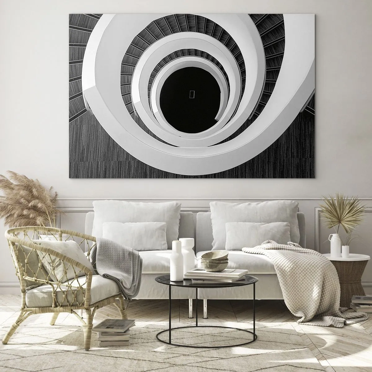 Impression sur verre - Image sur verre - Escalier en colimaçon noir et blanc vu d'en haut - 70x50cm - Les choses concrêtes - Décoration murale moderne pour le salon et la chambre ARTTOR