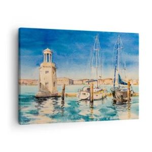 Impression sur toile - Image sur toile - Marina avec bateaux sur fond de lagon bleu - 70x50cm - Lagune ensoleillée - Décoration murale moderne pour le salon et la chambre ARTTOR