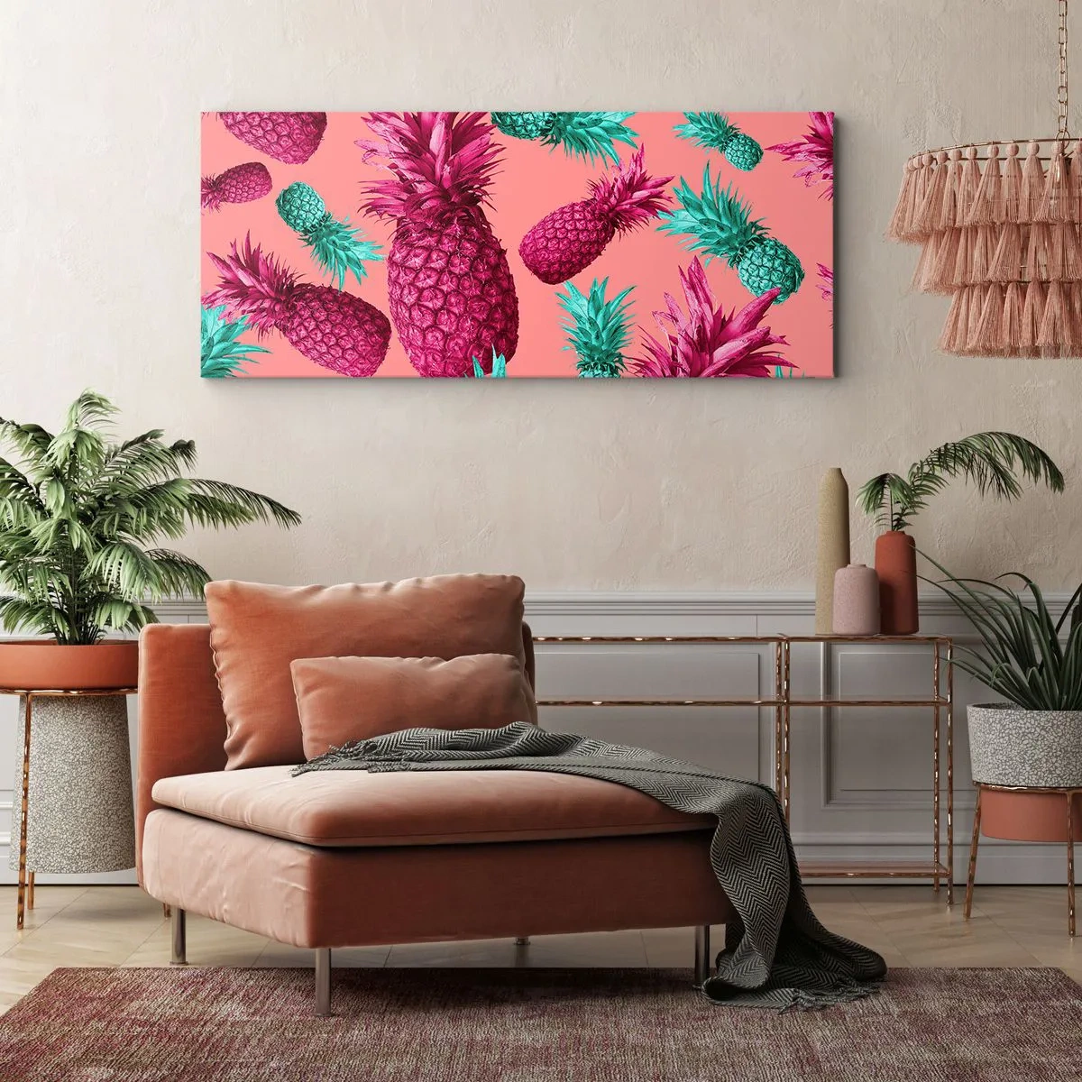Impression sur toile - Image sur toile - Ananas exotiques aux couleurs roses et turquoise - 160x50cm - La liberté est douce - Décoration murale moderne pour le salon et la chambre ARTTOR