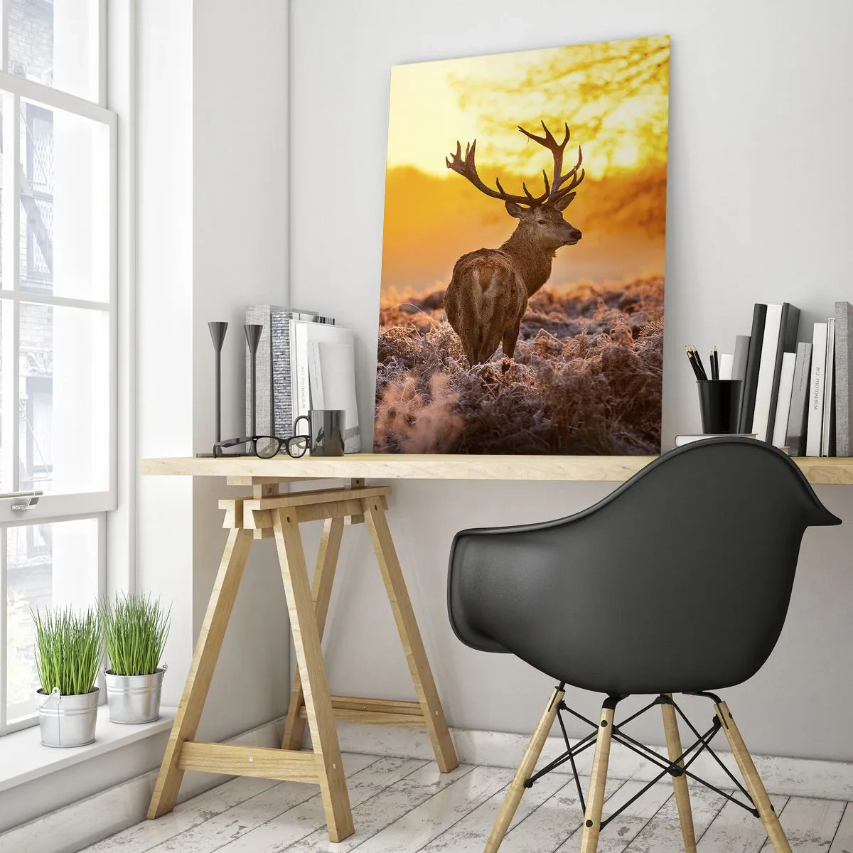 Impression sur verre - Image sur verre - Cerf dans les rayons du soleil levant - 50x70cm - Roi de la forêt automnal - Décoration murale moderne pour le salon et la chambre ARTTOR
