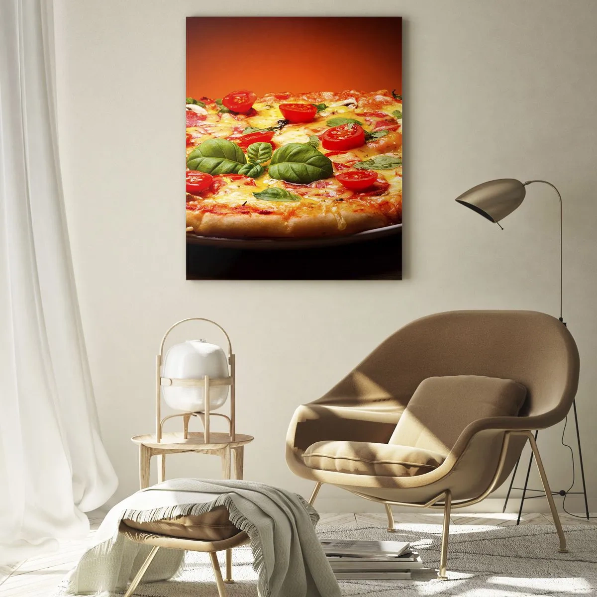 Impression sur verre - Image sur verre - Pizza aux tomates et au basilic sur une table en bois - 70x100cm - Mamma mia! - Décoration murale moderne pour le salon et la chambre ARTTOR