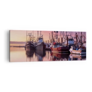 Impression sur toile - Image sur toile - Bateaux de pêche dans le port au coucher du soleil - 140x50cm - Avant le jour suivant - Décoration murale moderne pour le salon et la chambre ARTTOR