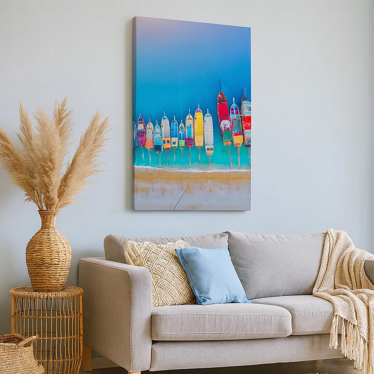 Impression sur toile - Image sur toile - Des bateaux colorés alignés en rangée sur le rivage - 50x70cm - Une vue à vol d'oiseau - Décoration murale moderne pour le salon et la chambre ARTTOR