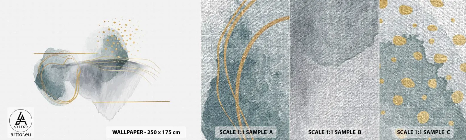 Échantillon de Papier Peint Premium Canvas - À propos de la relation entre le gris et l'or - Abstraction, Morceau, Formes intéressantes - 100x30 cm