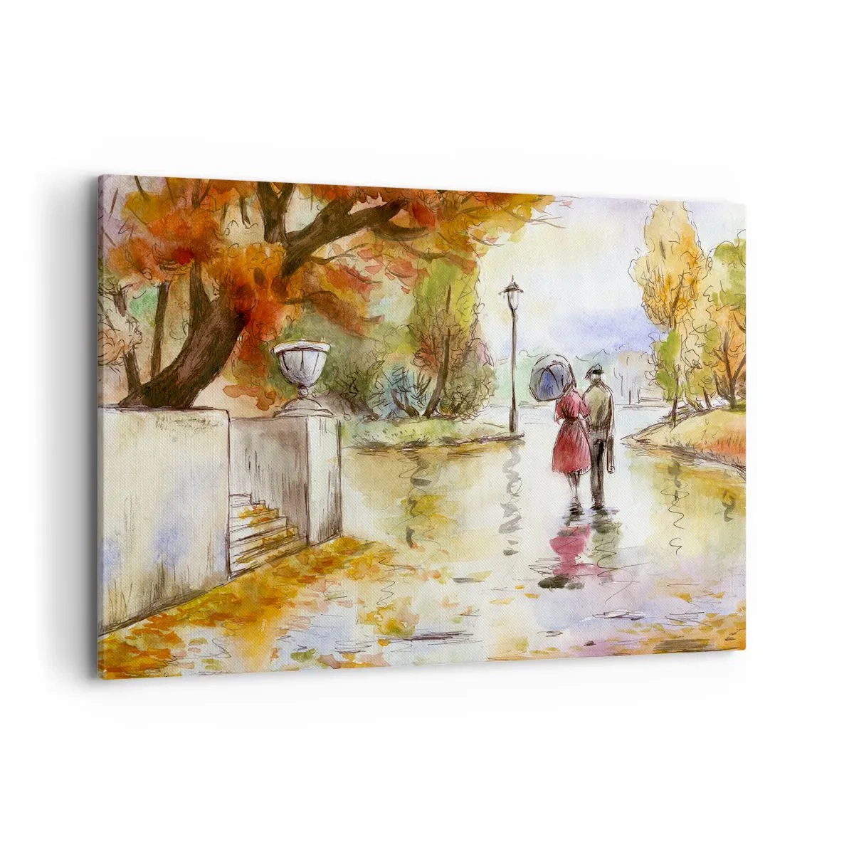 Impression sur toile - Image sur toile - Une promenade dans le parc d'automne avec un parapluie - 120x80cm - Automne romantique dans le parc - Décoration murale moderne pour le salon et la chambre ARTTOR