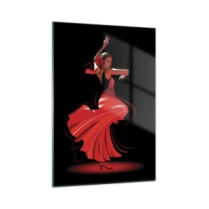 Impression sur verre - Image sur verre - Danseuse de flamenco en robe rouge sur fond noir - 50x70cm - L'esprit fougueux du flamenco - Décoration murale moderne pour le salon et la chambre ARTTOR