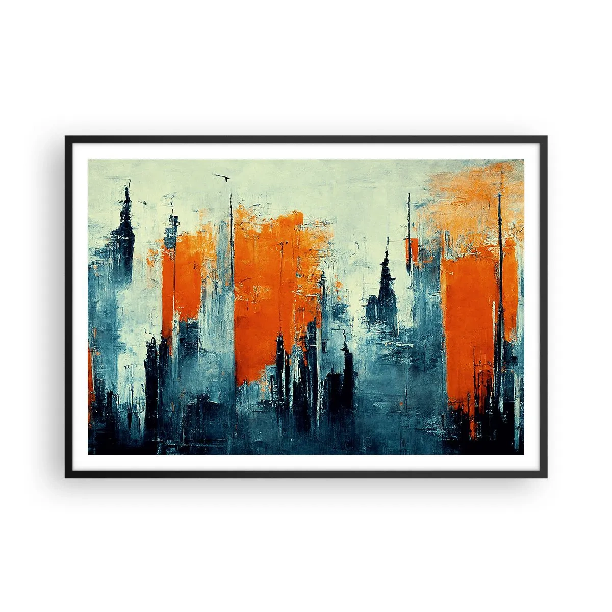 Affiche dans un cadre noir - Poster - Paysage urbain abstrait dans des tons orange et bleu - 100x70cm - Paysage moderne - Décoration murale moderne pour le salon et la chambre ARTTOR