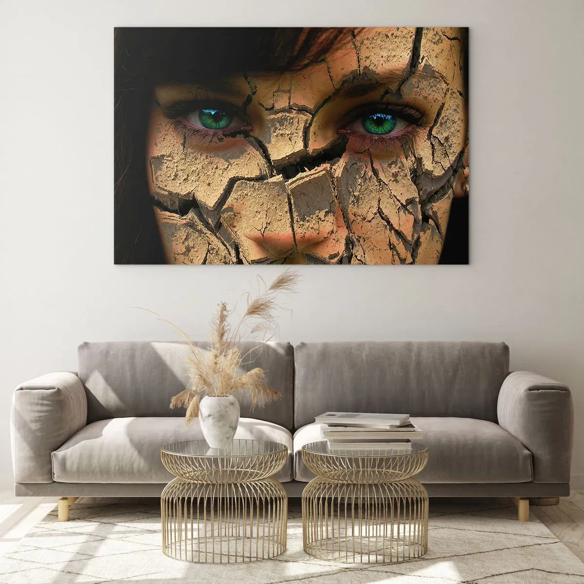 Impression sur verre - Image sur verre - Un visage de femme avec un effet de terre craquelée - 100x70cm - Plaisir et effroi en même temps - Décoration murale moderne pour le salon et la chambre ARTTOR