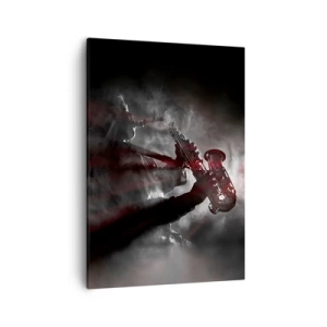 Impression sur toile - Image sur toile - Saxophoniste en fumée sur scène en noir et rouge atmosphérique - 50x70cm - Dans les brumes du jazz - Décoration murale moderne pour le salon et la chambre ARTTOR