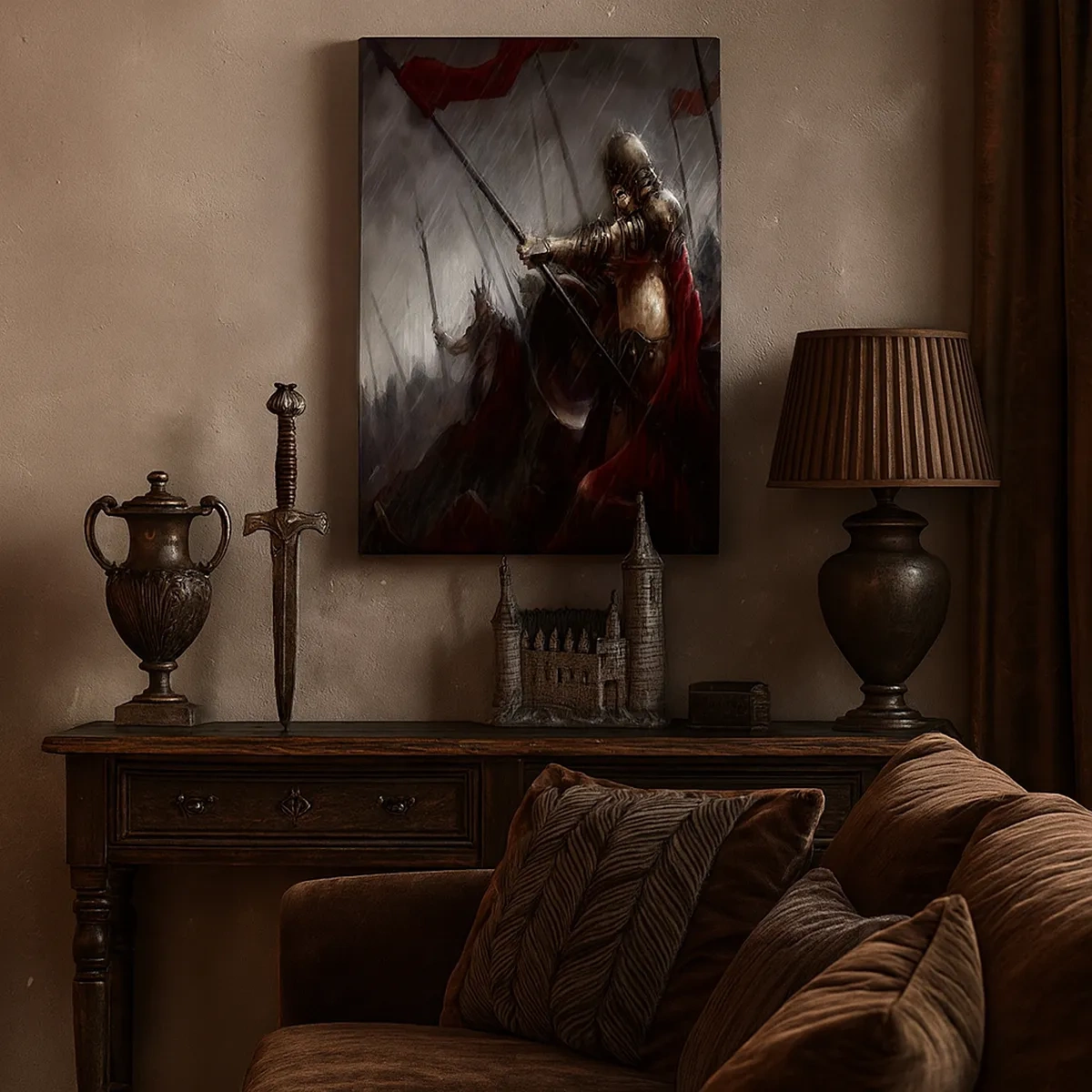 Impression sur toile - Image sur toile - Chevaliers marchant vers le champ de bataille sous la pluie - 50x70cm - Passant, dis à Sparte… - Décoration murale moderne pour le salon et la chambre ARTTOR