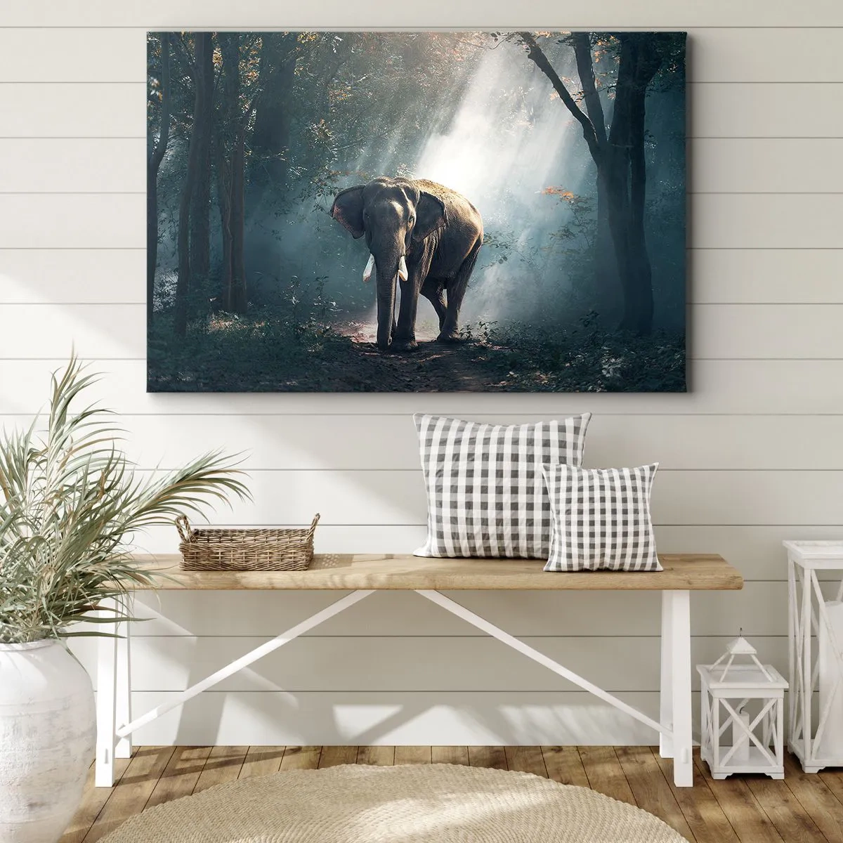 Impression sur toile - Image sur toile - Éléphant dans la lumière de la forêt - 70x50cm - Une balade tranquille - Décoration murale moderne pour le salon et la chambre ARTTOR