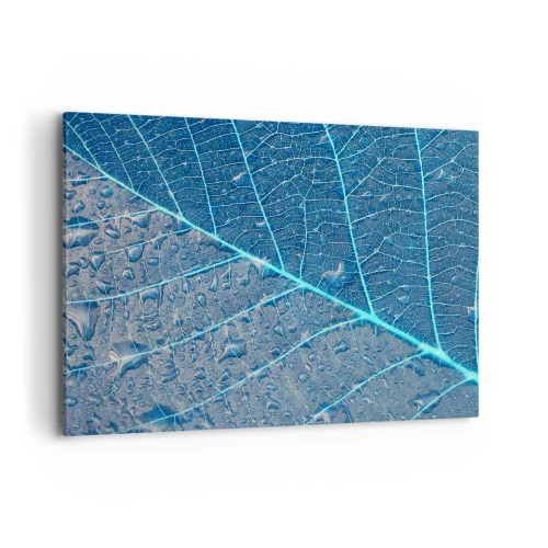 Impression sur toile - Image sur toile - Une feuille dans des tons bleus avec des gouttes d'eau - 100x70cm - La vie en bleu - Décoration murale moderne pour le salon et la chambre ARTTOR