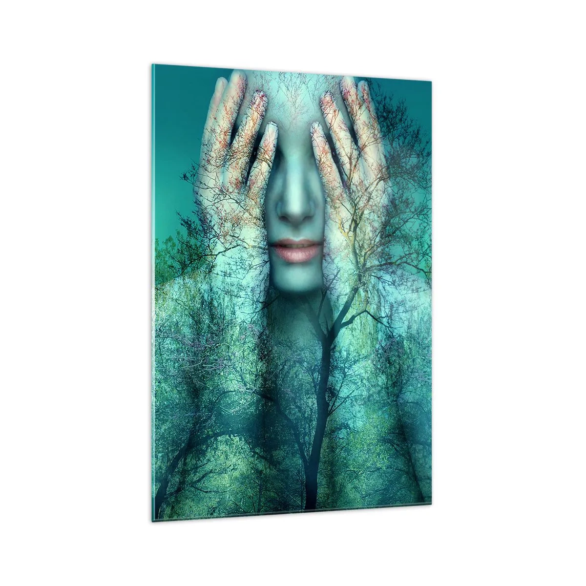 Impression sur verre - Image sur verre - Une figure de femme avec un motif d'arbre sur un fond de paysage turquoise - 70x100cm - immergé dans l'azur - Décoration murale moderne pour le salon et la chambre ARTTOR
