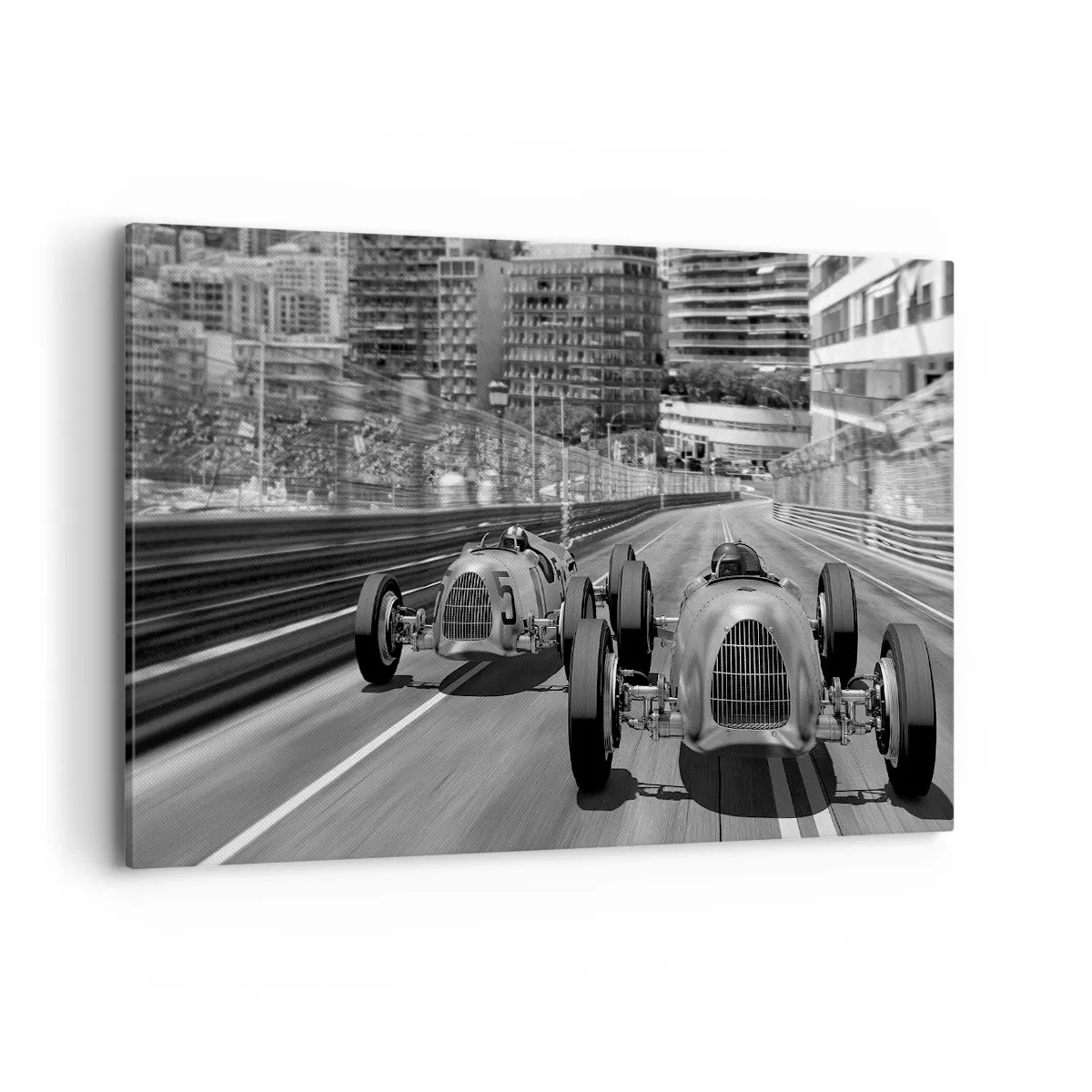 Impression sur toile - Image sur toile - Scène de course automobile rétro monochrome - 120x80cm - Il y a longtemps à Monté Carlo - Décoration murale moderne pour le salon et la chambre ARTTOR