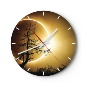 Horloge murale - Pendule murale - Éclipse solaire avec une silhouette d'arbre et un ciel doré en arrière-plan - 30x30cm - Éclipse totale - Décoration murale moderne pour le salon, la cuisine et la chambre ARTTOR