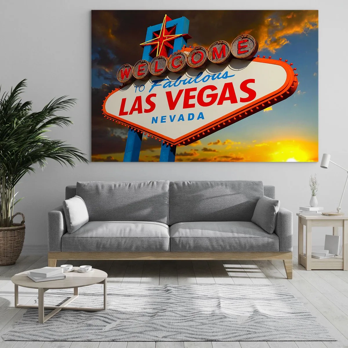 Impression sur verre - Image sur verre - Panneau de bienvenue à Las Vegas contre le soleil couchant - 120x80cm - Après un sourire du destin - Décoration murale moderne pour le salon et la chambre ARTTOR