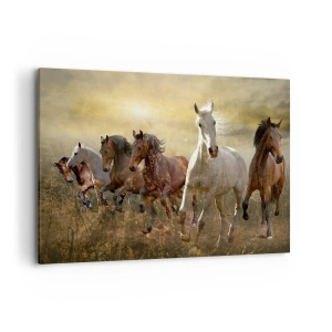 Impression sur toile - Image sur toile - Un groupe de chevaux au galop sur fond de soleil couchant - 120x80cm - Vive la liberté! - Décoration murale moderne pour le salon et la chambre ARTTOR