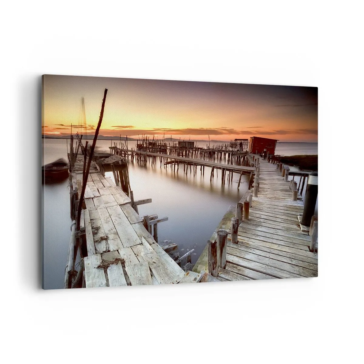 Impression sur toile - Image sur toile - Jetées en bois sur une eau calme au coucher du soleil - 100x70cm - Authentique, pas un attrape touristique - Décoration murale moderne pour le salon et la chambre ARTTOR