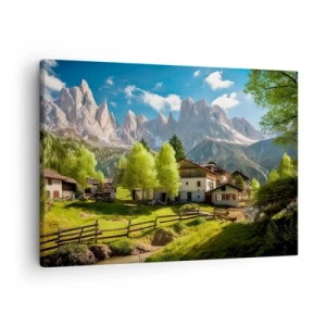 Impression sur toile - Image sur toile - Un village de montagne avec des maisons et une vue sur les Alpes - 70x50cm - Idylle alpine - Décoration murale moderne pour le salon et la chambre ARTTOR
