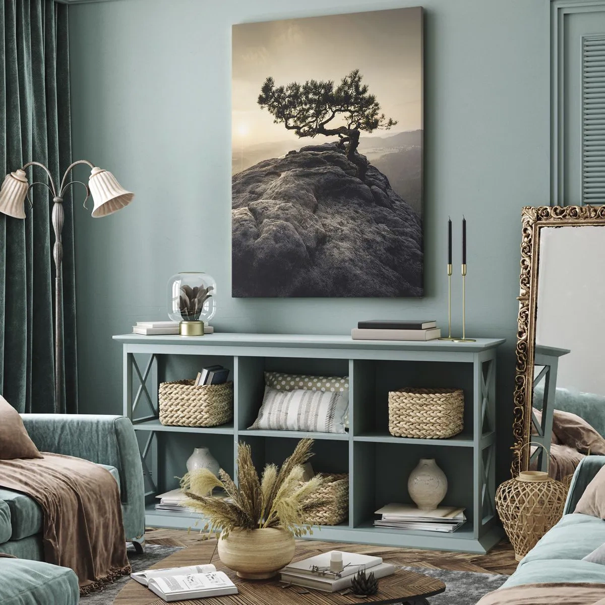 Impression sur toile - Image sur toile - Un arbre solitaire sur un pic rocheux au soleil - 80x120cm - La vie gagne toujours - Décoration murale moderne pour le salon et la chambre ARTTOR