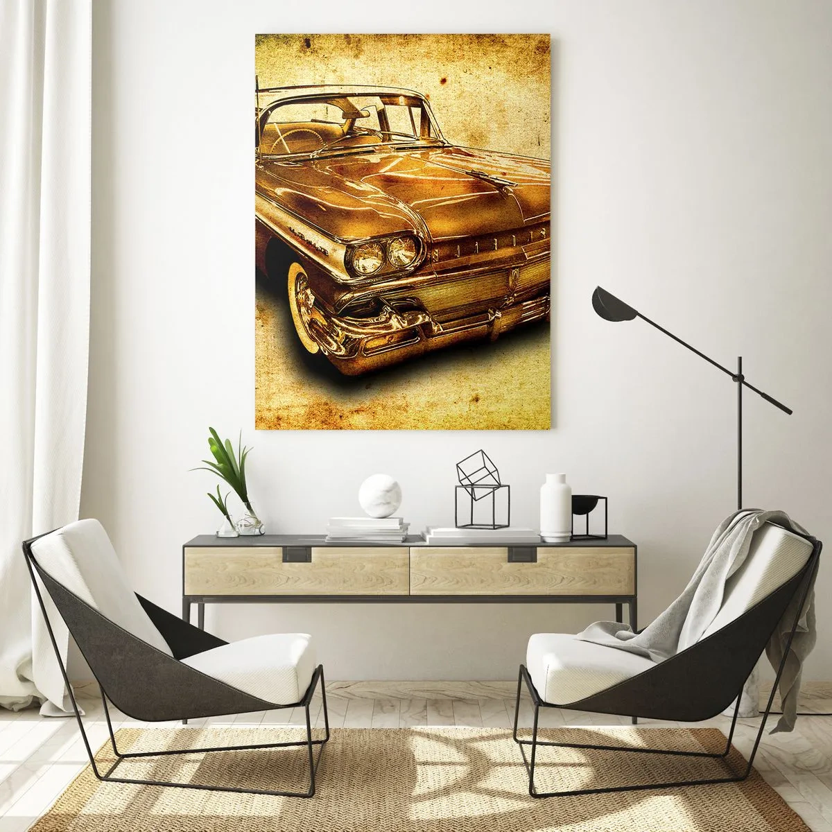 Impression sur verre - Image sur verre - Une voiture rétro classique dorée sur un fond vintage avec un effet vieilli. - 70x100cm - La beauté éternelle des classiques - Décoration murale moderne pour le salon et la chambre ARTTOR