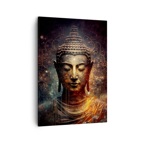 Impression sur toile - Image sur toile - Bouddha doré sur fond sombre avec ornements - 50x70cm - Équilibre spirituel - Décoration murale moderne pour le salon et la chambre ARTTOR