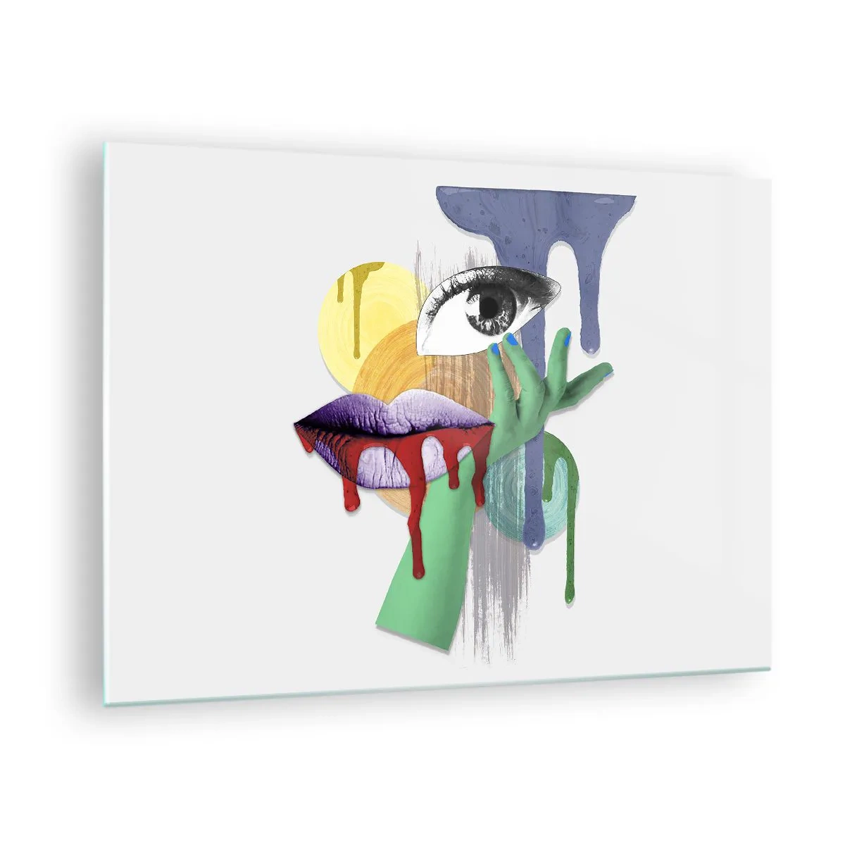 Impression sur verre - Image sur verre - Composition abstraite avec œil, bouche et couleurs - 70x50cm - Un portrait déconstruit - Décoration murale moderne pour le salon et la chambre ARTTOR