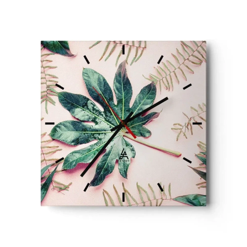 Horloge murale - Pendule murale - Feuilles tropicales sur fond pastel clair - 30x30cm - Étude de verdure sur fond rose - Décoration murale moderne pour le salon et la chambre ARTTOR