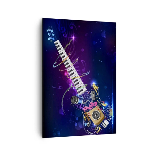 Impression sur toile - Image sur toile - Une guitare colorée avec un clavier et un microphone sur un fond sombre. - 70x100cm - Et tout va bien - Décoration murale moderne pour le salon et la chambre ARTTOR