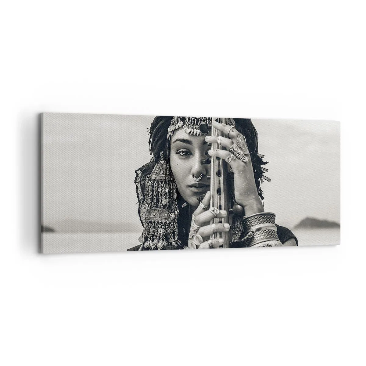 Impression sur toile - Image sur toile - Portrait d'une femme en bijoux ethniques tenant un instrument à la main - 120x50cm - Musique de l'Orient elle-même - Décoration murale moderne pour le salon et la chambre ARTTOR