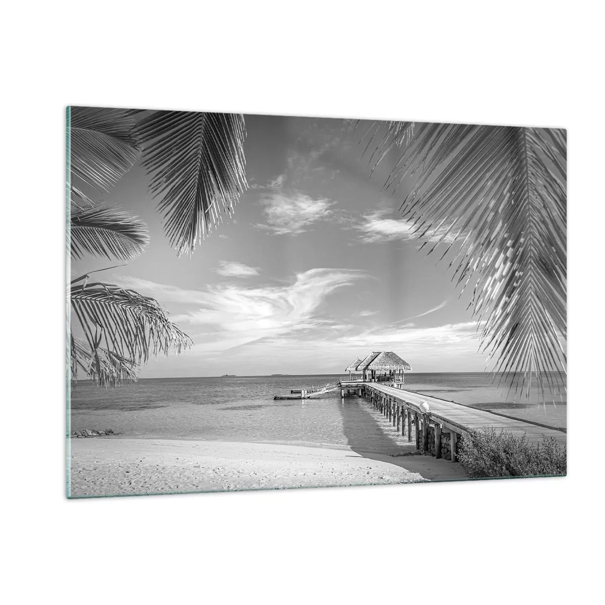 Impression sur verre - Image sur verre - Photographie en noir et blanc d'une plage tropicale avec une jetée - 120x80cm - Souvenirs ou rêve? - Décoration murale moderne pour le salon et la chambre ARTTOR