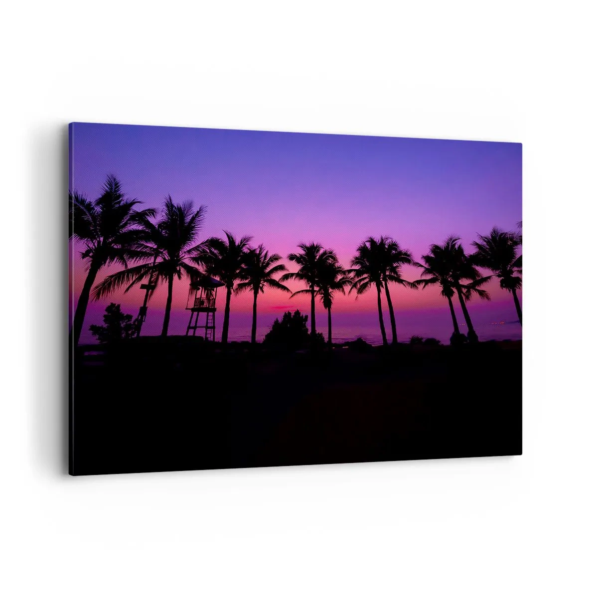 Impression sur toile - Image sur toile - Silhouettes de palmiers sur un ciel de coucher de soleil rose-violet - 100x70cm - Soirée sous les palmiers - Décoration murale moderne pour le salon et la chambre ARTTOR