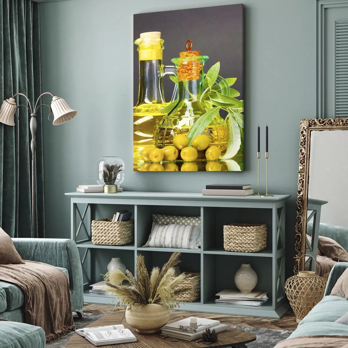 Impression sur toile - Image sur toile - Bouteilles d'huile d'olive et branches d'olivier - 70x100cm - Nature morte aux olives et à l'huile d'olive - Décoration murale moderne pour le salon et la chambre ARTTOR