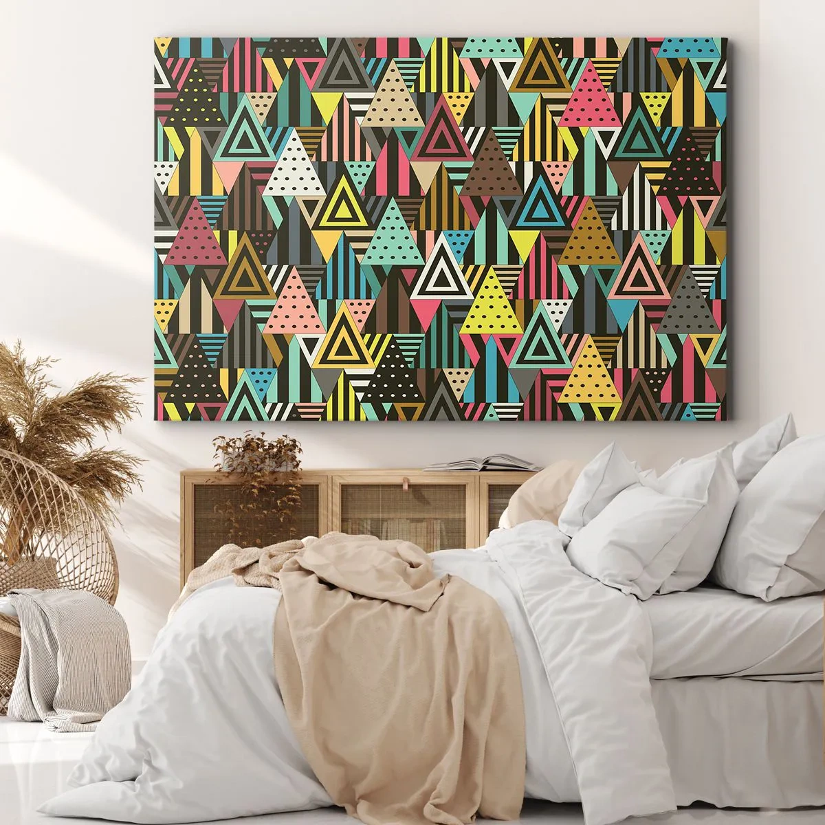 Impression sur toile - Image sur toile - Motif géométrique coloré avec des triangles et des lignes - 120x80cm - En rythme de trois - Décoration murale moderne pour le salon et la chambre ARTTOR