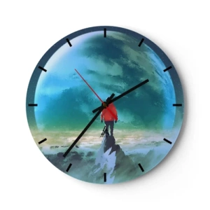 Horloge murale - Pendule murale - Une silhouette au sommet d'une montagne surplombant une planète verte - 30x30cm - Explorateur de la nouvelle terre - Décoration murale moderne pour le salon, la cuisine et la chambre ARTTOR